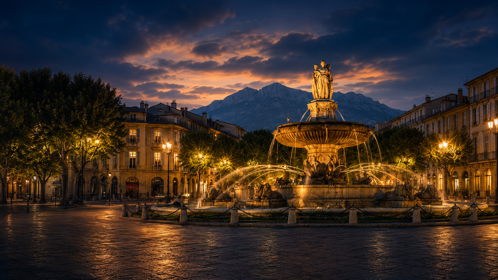 Aix-en-Provence at dusk — La Rotonde fountain with the Sainte-Victoire mountain
